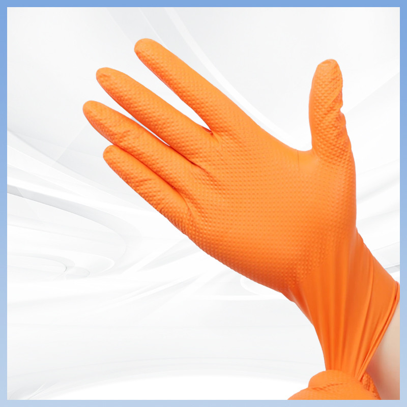 Guantes de nitrilo desechables de patrón de diamante sin polvo Guantes de nitrilo desechables de trabajo de protección diaria de color naranja espeso