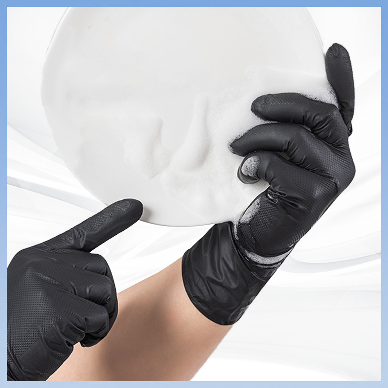 Guantes de nitrilo desechables negros con patrón de diamante de uso pesado, duraderos, libres de látex, libres de nitrilo en polvo